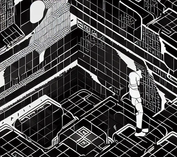 Image similar to a black and white illustration of a cyberpunk netrunner, street level, in the style of (Escher), 4k, 8k, HD, trending on artstation