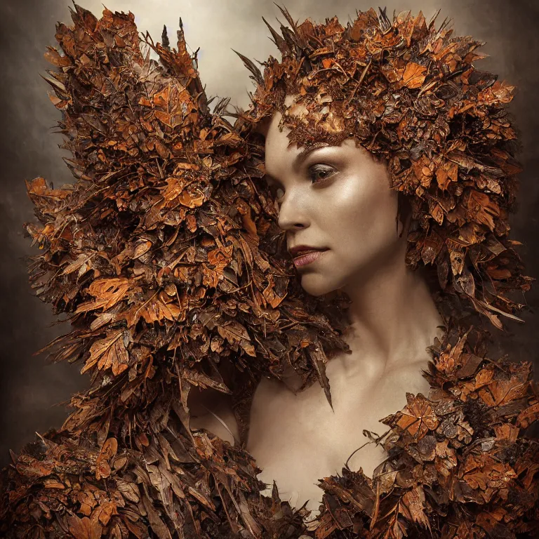 Image similar to rusted tintype portrait of realistic armour made of leaves, seen from behind dramatic light, dystopian environment, intricate, elegant, highly detailed, centered headdress, artstation, sharp focus, artgerm, tomasz alen kopera, peter mohrbacher, donato giancola, joseph christian leyendecker, wlop, boris vallejo, frank frazetta