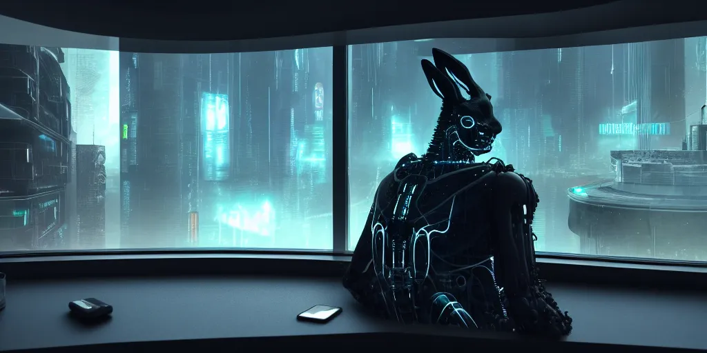 Image similar to a black water rabbit with biomechanical cybernetic body is watches the news on his smartphone near a window with dystopian city visible outside. very detailed 8 k. cyberpunk fantasy style. unreal engine render. global illumination. nanite. rtx. path tracing.