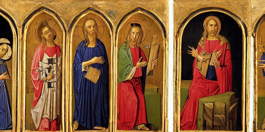 Image similar to ??? portrayed as our lord and saviour, medieval triptych