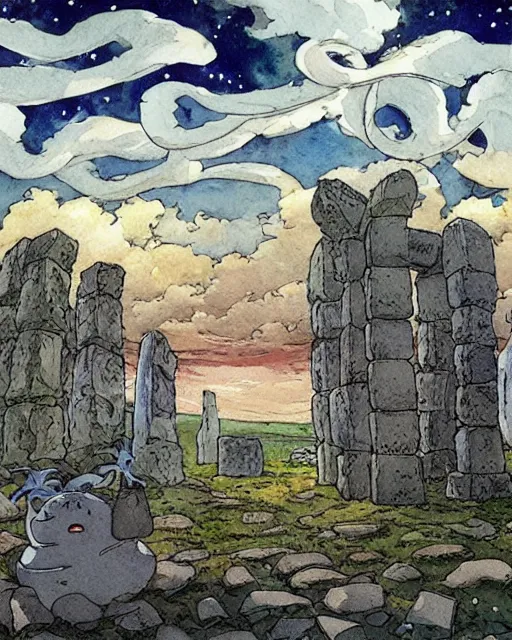 Prompt: a hyperrealist studio ghibli watercolor fantasy concept art. in the foreground is a giant grey octopus building and putting stones in to place on top of stonehenge with a starry sky. by rebecca guay, michael kaluta, charles vess