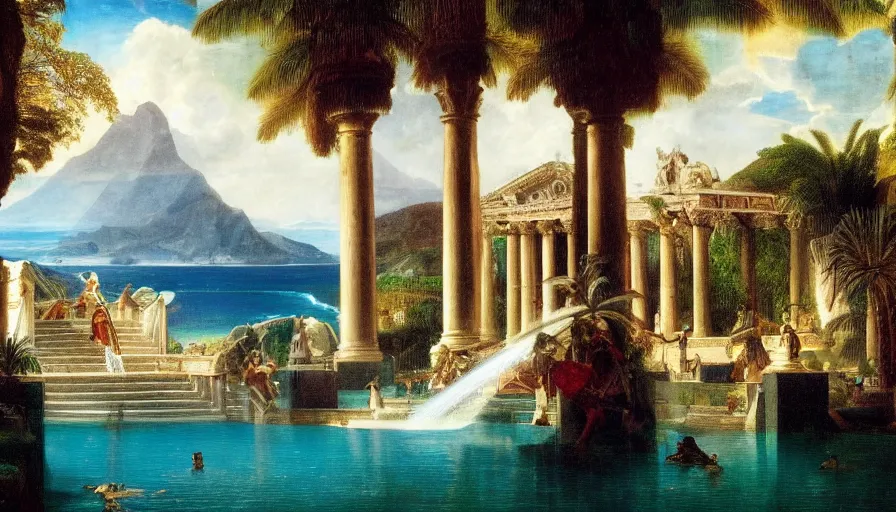 Image similar to Inside the Palace of the occult, mediterranean balustrade and columns, refracted sparkles, thunderstorm, greek pool, beach and Tropical vegetation on the background major arcana sky and occult symbols, by paul delaroche, hyperrealistic 4k uhd, award-winning, very detailed paradise