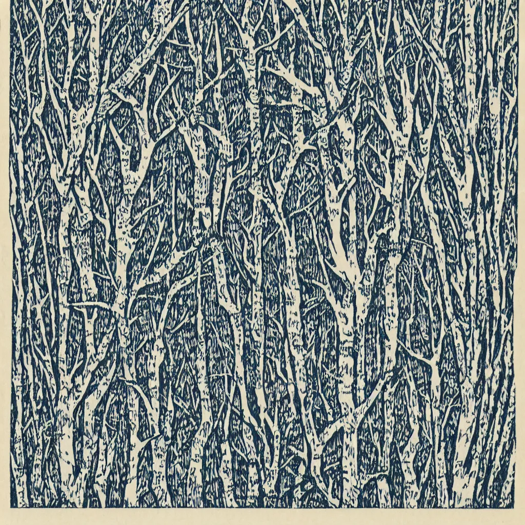 Prompt: optical illusion woodblock print, branched forest stamp pattern