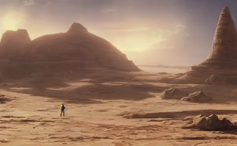 Prompt: screenshot wide shot of Luke Skywalker Jedi Temple, good day, morning, landscape, no people, no man, steampunk, desert, lost world, Anime Background, concept art, illustration,smooth, sharp focus, 1970s thriller by Stanely Kubrick film, color kodak, ektochrome, wide angle anamorphic lenses, detailed faces, moody cinematography