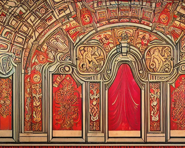 Image similar to mural from the early 1 9 0 0 s in the style of art nouveau, red curtains, art nouveau design elements, art nouveau ornament, brick wall, opera house architectural elements, mucha, masonic symbols, masonic lodge, ernst - ludwig - haus, darmstadt