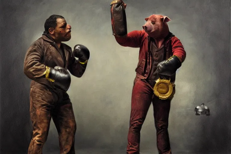 Prompt: portrait, realistic painting image about a steampunk boxer with electric boxing gloves, versus a humanoid pig. dramatic scene, horror, dramatic lighting realism, created by gustave courbet and michaelangelo, trending in artstation, fine art, smooth draw with oil painting.