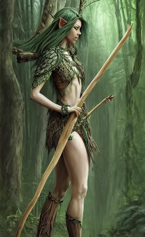 Image similar to d & d fantasy female wood - elf druid with green - tinted hair wearing bark armour, holding a staff of the woodland, in a forest, intricate, elegant, highly detailed, digital painting, artstation, concept art, matte, sharp focus, illustration, art by artgerm and greg rutkowski