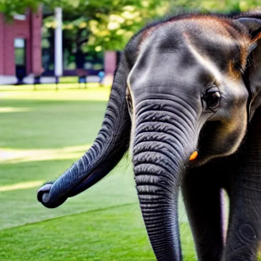 Prompt: inside harvard business school, baby elephant from south africa, it is studying at harvard business school, realistic, detailed