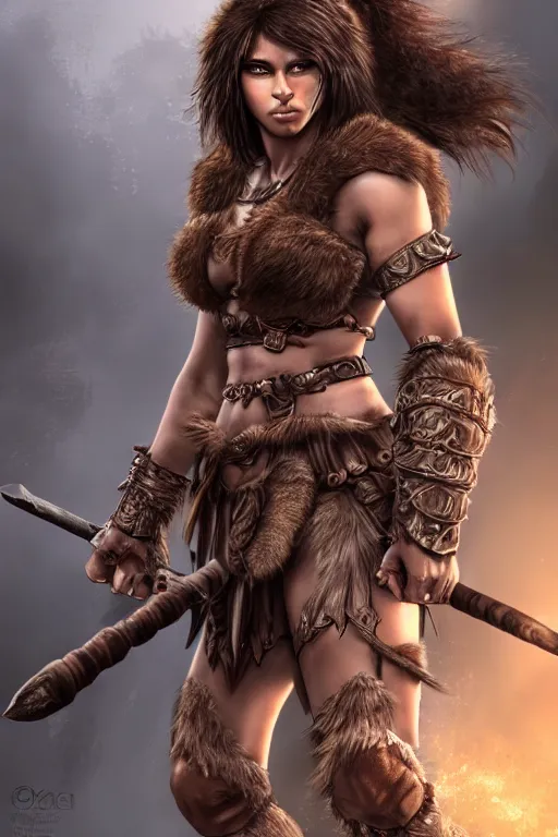 Prompt: Female barbarian, heavy brown armor, beautiful, light brown messy hair, dark skin, brown eyes, detailed face, battle stance, high fantasy, extremely detailed, matte painting
