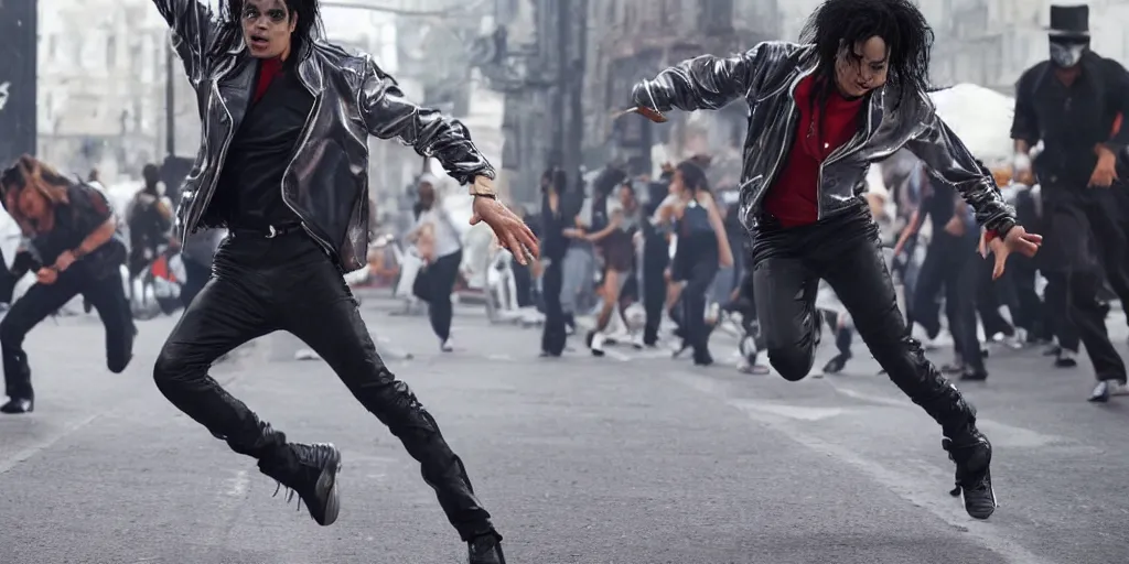 Image similar to leaked photo of Michael Jackson running down street, ultra realistic, 4K, movie still, UHD, sharp, detailed, cinematic, render, modern