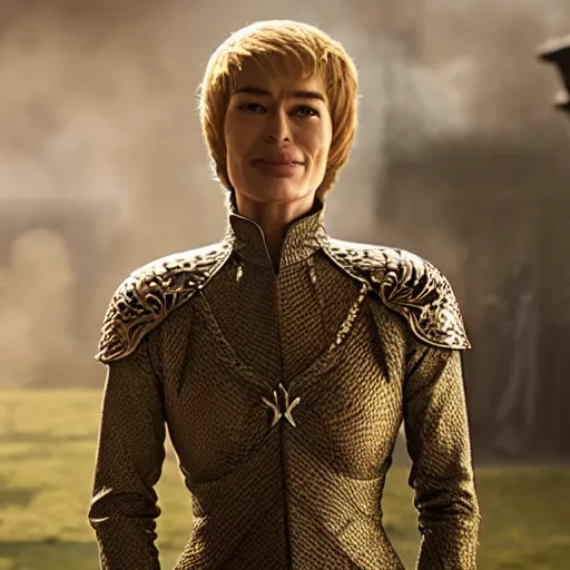 Prompt: cersei lannister emerging from geen wildfire