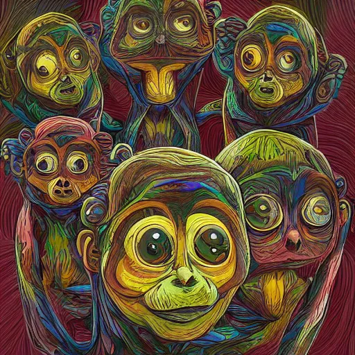 Prompt: little monkeys inside my head, digital art, hyper detailed