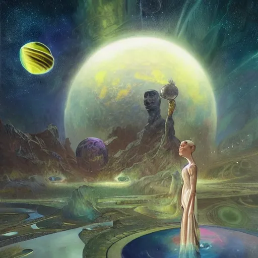 Image similar to Esao Andrews, scifi nightscape, planets, hyperrealistic surrealism, award winning masterpiece with incredible details, epic stunning, infinity pool, a surreal vaporwave liminal space, highly detailed, trending on ArtStation, artgerm and greg rutkowski and alphonse mucha, daily deviation, IAMAG, broken giant marble head statue ruins, calming, meditative