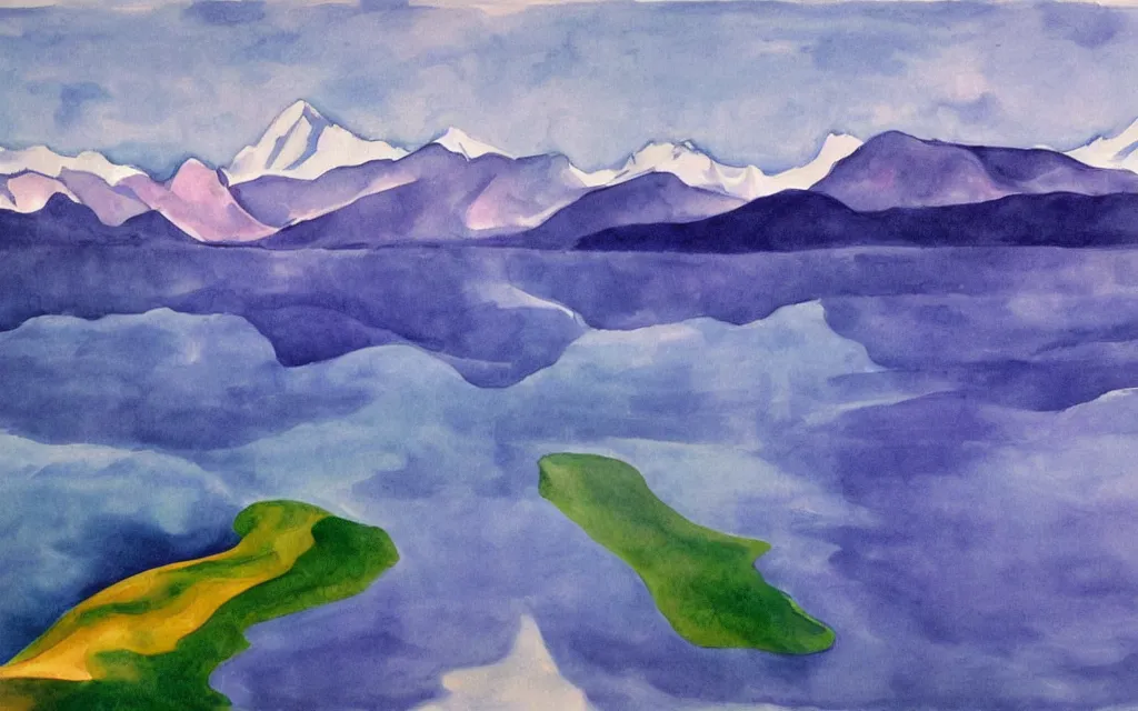 Prompt: the alps and reflection in a lake in the style of georgia o keeffe. colorful, wavy. painting.