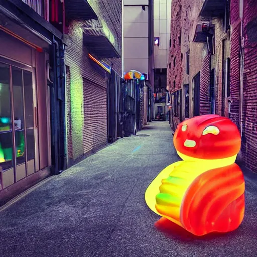 Prompt: a futuristic robotic gummi worm. dramatic product lighting. it's a gummi with extra juiciness. but it's also a worm. ick. trendy food truck in a moody alleyway. digital art, art film.