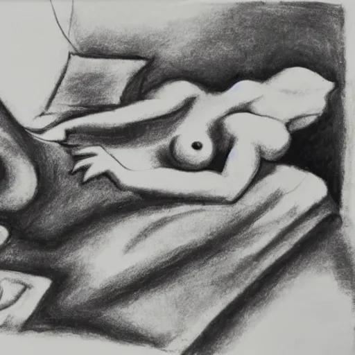 Image similar to Monster in bed, ink drawing,