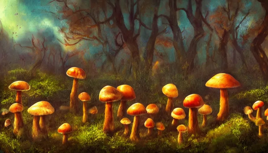 Image similar to a society of many different sentient mushrooms, landscape painting, fantasy, surrealism, plants and nature, warm lighting