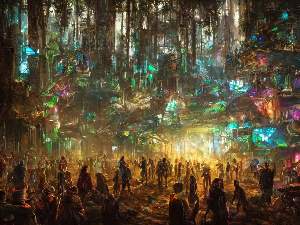 Prompt: a hyper realistic oil painting of a mystical cyberpunk tribe gathering at a magical location in the forest lit by fire and intense laser lights extreme wide angle view from a disk jockey's point of view