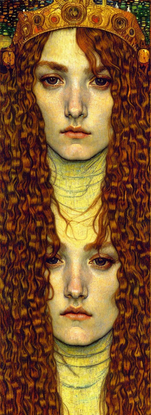 Image similar to detailed realistic beautiful young medieval queen face portrait by jean delville, gustav klimt and vincent van gogh, art nouveau, symbolist, visionary, gothic, pre - raphaelite, muted earthy colors, desaturated