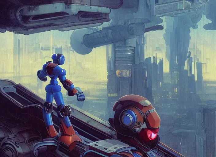 Prompt: megaman x still robotic man look at the cityscape from roof blue futuristic sci - fi elegant by denis villeneuve tom anders zorn hans dragan bibin thoma greg rutkowski ismail inceoglu illustrated sand storm alphonse mucha