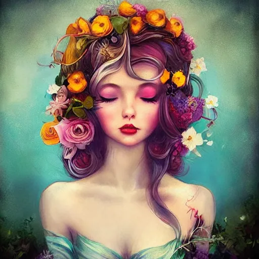 Prompt: in San Francisco lives a girl with flowers in her hair, in the style of Anna Dittman