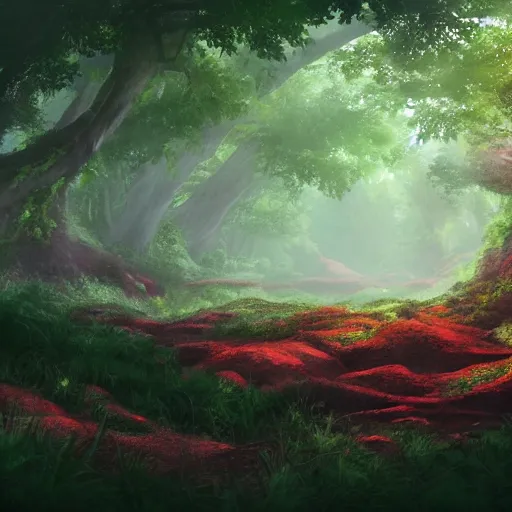 Prompt: lush forest with naturally reddish clay soil, trending on artstation, top 1 0 most beautiful photographs, award winning fantasy concept art, background of a studio ghibli film