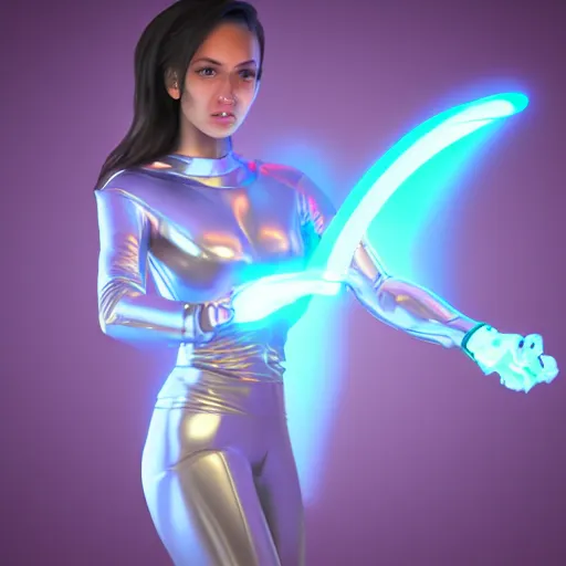 Image similar to a woman in a futuristic suit holding a glowing light, a computer rendering by Artgerm, featured on cgsociety, afrofuturism, daz3d, zbrush, futuristic