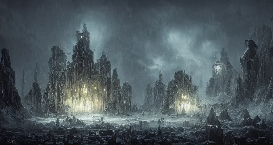 Image similar to lovecraftian eldritch!! cult temple!! thousands of cultists surrounding it on a black desert, snowy, windy, by eugene von guerard, ivan shishkin, night, lightning!!, storm!, dramatic lighting, concept art, trending on artstation, 8 k