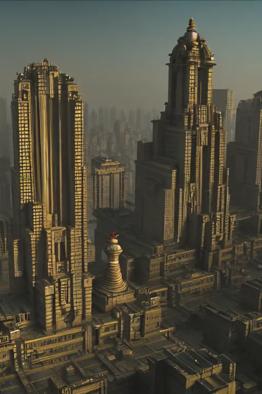 Prompt: movie screenshot sci - fi neoclassical mumbai, kalighat hanuman! building, highly detailed, cinematic smooth unreal engine, berenice abbott & john j. park, hard volumetric morning light, long shot, low angle, uhd 8 k, sharp focus