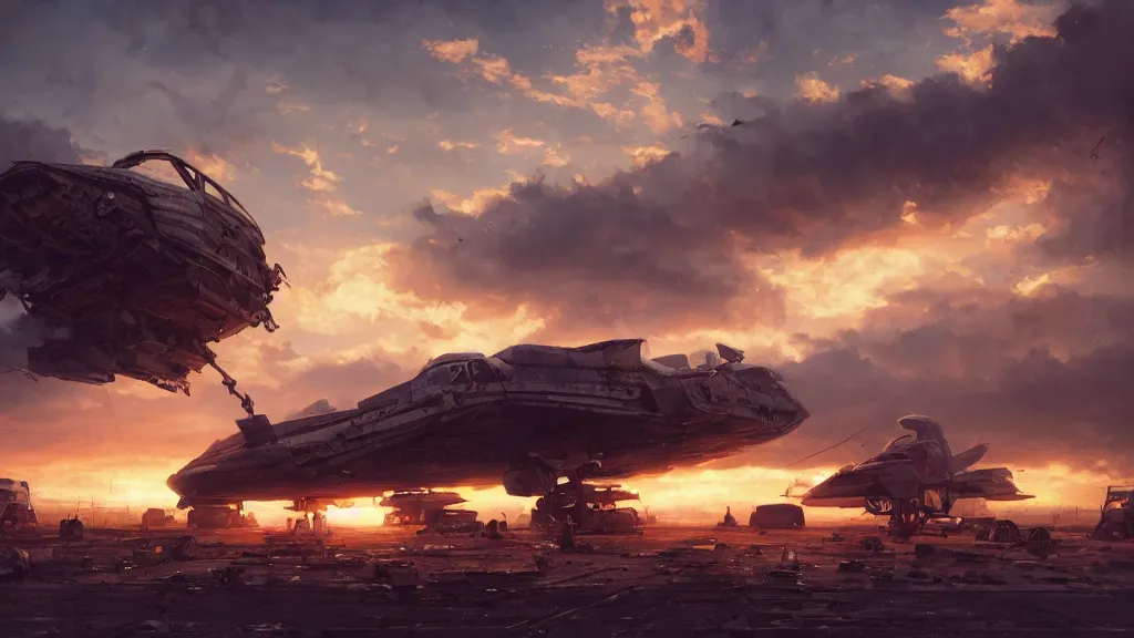 Image similar to a Photorealistic hyperrealistic render of a gigantic spaceship landing at a Junkyard by Greg Rutkowski,Vitaly Bugarov,Nicolas Bouvier SPARTH,James Paick,WLOP, Juan Gimenez,PIXAR,dramatic moody sunset lighting,long shadows,Volumetric, cinematic atmosphere, Octane Render,Artstation,8k