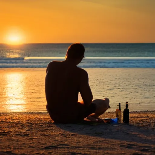 Prompt: a man sitting on the beach, drinking a bottle of bird-dog whiskey at sunset. High detail, 4k