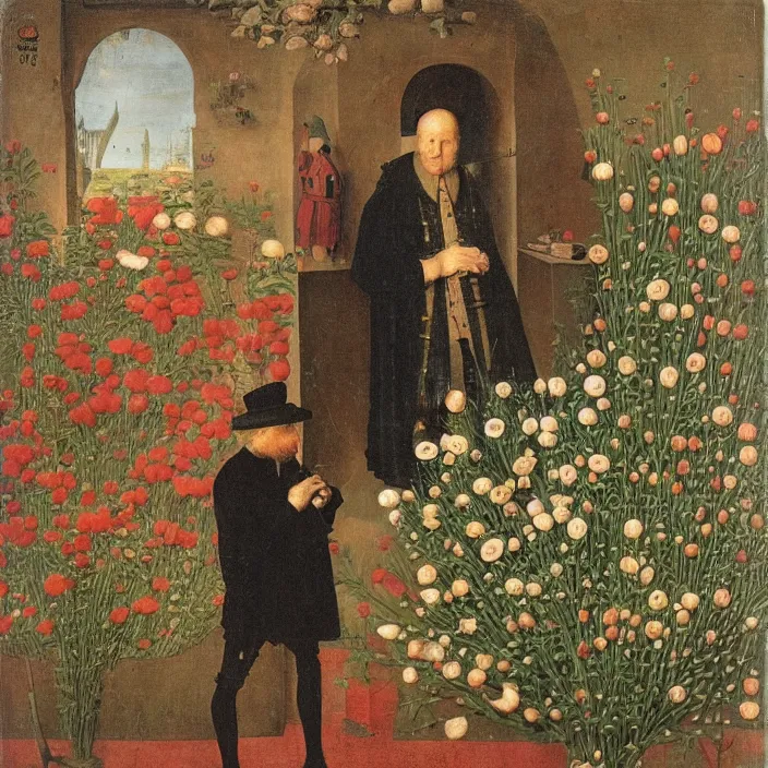 Prompt: a bird made of flowers, standing next to a creepy old man, by Jan van Eyck