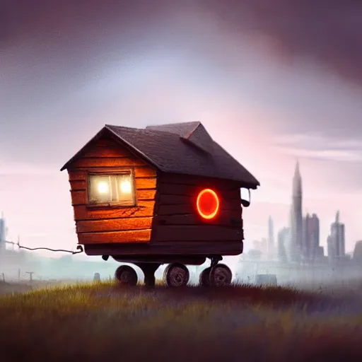 Image similar to a walking tiny wood house with two mechanical legs and two glowing eyes, rust, hyperrealistic, pareidolia, highly detailed, cinematic, single ray of sun, fog, city in background, beautiful, cgssociety, artstation, 8 k, oil painting