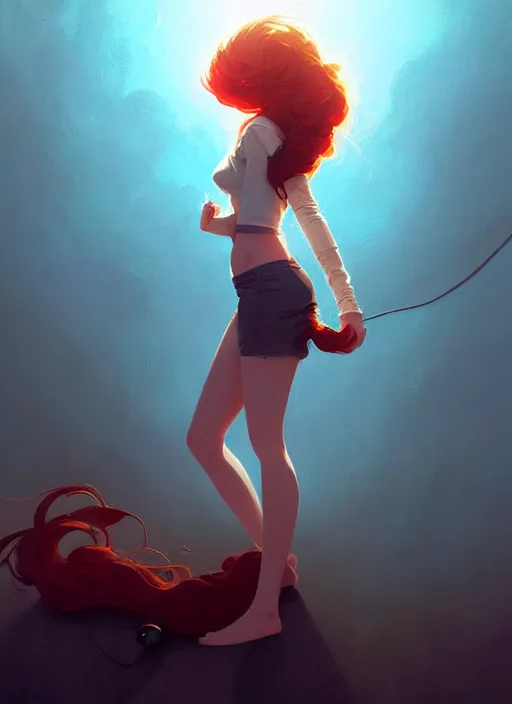 Image similar to beautiful artistic - wave highly detailed full body portrait female, with head phones, long red hair, perfect body anatomy, by atey ghailan, by greg rutkowski, by greg tocchini, by james gilleard, by joe fenton, by kaethe butcher, dynamic lighting, gradient light blue, brown, blonde cream and white color scheme, grunge aesthetic