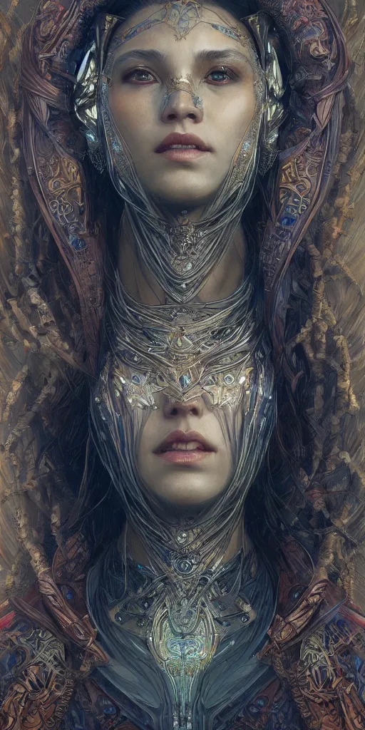 Image similar to HDR portrait photography of The Benevolent Cyborg Queen, ethnic, fantasy, intricate, elegant, highly detailed, digital painting, artstation, HDR photo, smooth, sharp focus, illustration, art by artgerm and greg rutkowski and alphonse mucha