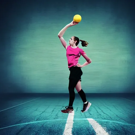 Image similar to one young woman playing handball in an arena, digital art, epic lighting