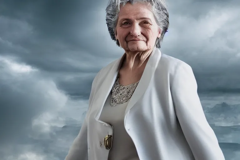 Image similar to a realistic cinematic headshot portrait of an old woman on top of skyscaper, wearing futuristic white suit, ceo, 4 k, ultra realistic, dramatic lighting, rain, clouds, fog, vogue, fashion, magazine spread, by annie leibovitz