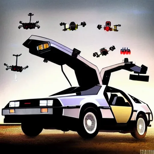 Image similar to robotic back to the future DeLorean with little robots attached to it flying around it big wheels matte painting artgerm