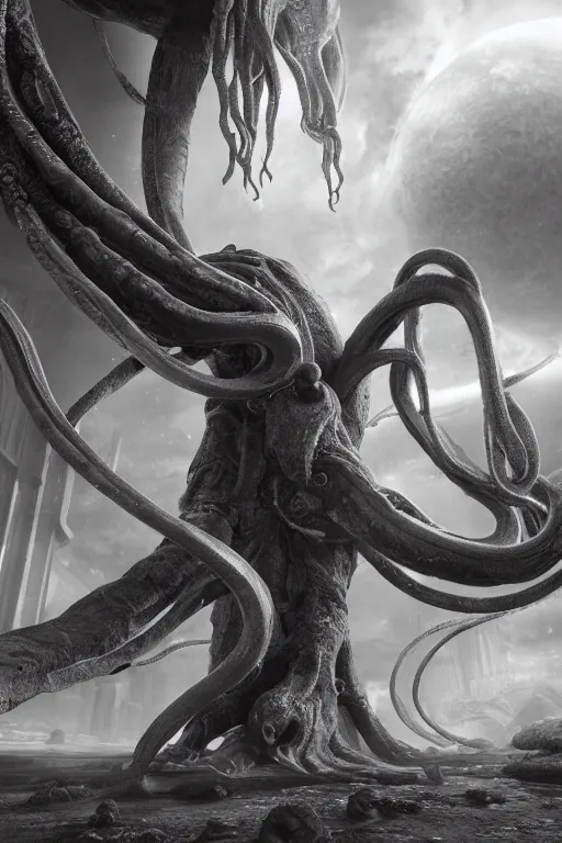 Image similar to giant ancient alien tentacles artwork by yoshitaka amano, black and white, detailed background, extremely detailed, octane rendering, sharp focus, volumetric light, particles, unreal engine 5, rtx