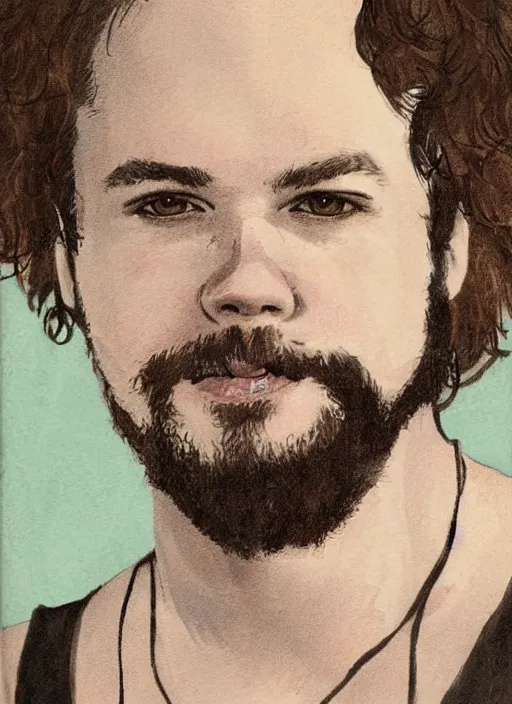 Prompt: illustration of young tim robbins with dark brown hair and a big bushy beard, wearing a white tank top