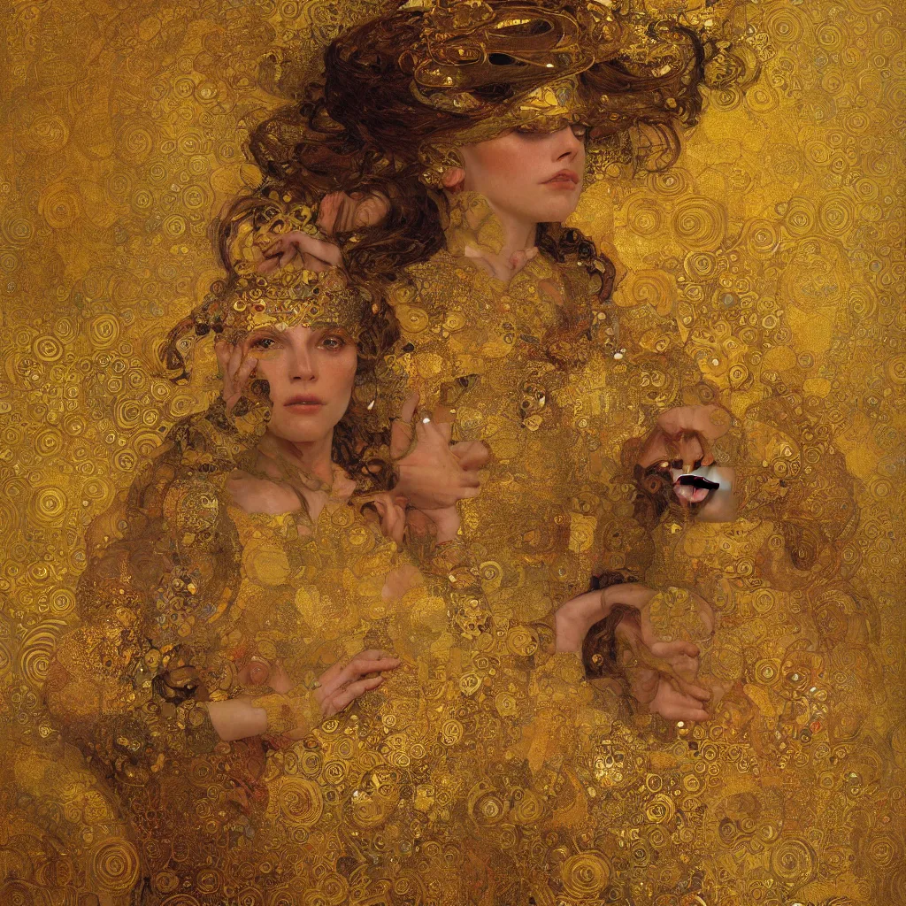 Image similar to seamless intricate klimt golden motives and textures pattern, hyper detailed, ornamental gold headpiece, octane render, vivid colors, artstation, by jeremy mann, by alphonse mucha, by klimt