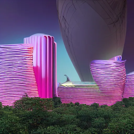 Prompt: metallic building eco - friendly city designed by zaha hadid with gleaming pink walls and dripping with vines, glowing led trim and hexagonal windows and bands of gold, extremely lush landscape and florals, symmetry foggy atmospheric building rendered in blender with ray tracing, moon and stars and lamps