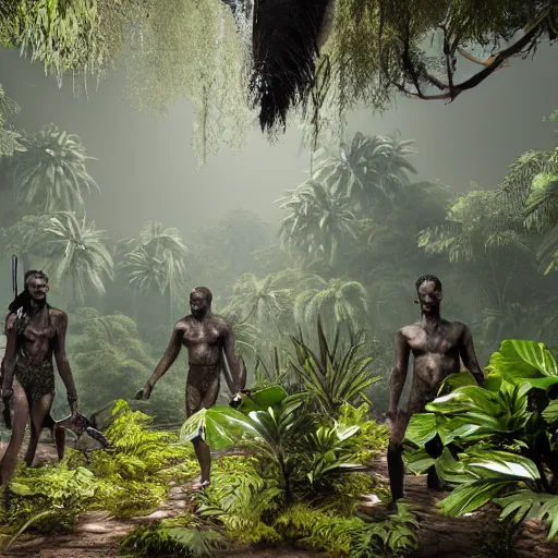 Image similar to « group persons, dark jungle, far view, unreal engine 5, highly detailed, exploring, fantasy, »