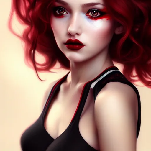 Image similar to a realistic illustration portrait of a beautiful cute girl with curly black and red hair, a pointy nose and, round chin black eyeliner, trending on artstation, hyper - realistic lighting, intricate, ross tran