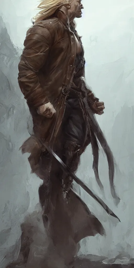 Image similar to portrait of a muscular, grim, ponytail haired blonde man in his late 30's, wearing a thick brown leather coat, looking to his side, hunter, DnD character, fantasy character, digital art by Ruan Jia, Krenz Cushart, Rossdraws and Boris Vallejo