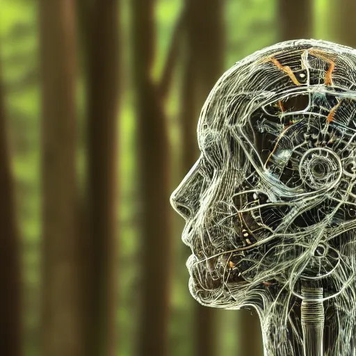 Image similar to very detailed portrait 55mm photo of a mechanical head without skin, with crystal bones and optic fiber nerves, gears in his head and cybernetic enhancements. Has cameras for eyes. In the forest with bokeh. Ray tracing and tessellation. Very sharp high detailed 8k image