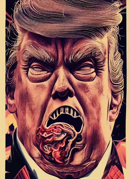 Image similar to donald trump's disgusting true form burstin from within, horror, high details, intricate details, by vincent di fate, artgerm julie bell beeple, 1 9 8 0 s, inking, vintage 8 0 s print, screen print