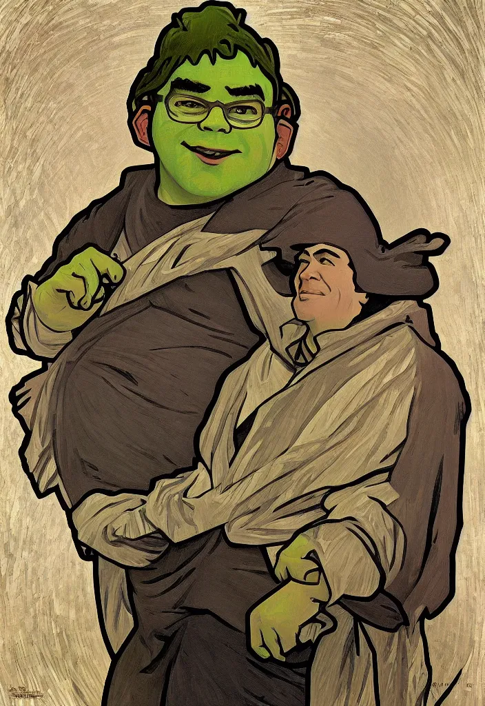 Image similar to yann lecun as shrek, in art style by alphonse mucha