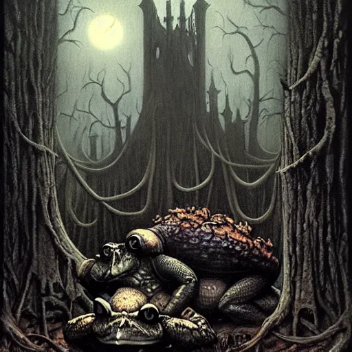 Image similar to evil toads in the forest, foggy, atmospheric, highly detailed, realistic, gothic horror, gerald brom