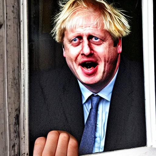 Image similar to a photo taken from the inside of an old house, showing window blinds being pulled back to reveal a terrifying boris johnson with his unhinged face pressed against the window and his bloody hands placed on the window, horrifying grin. horror, raining, night time, zoomed out